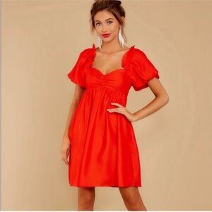 NEW English Factory Red Orange Shiny Puff Sleeve Mini Babydoll Dress